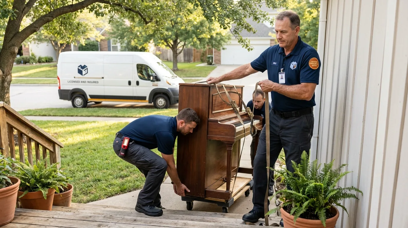 Licensed piano movers securing grand piano in Peapack, NJ