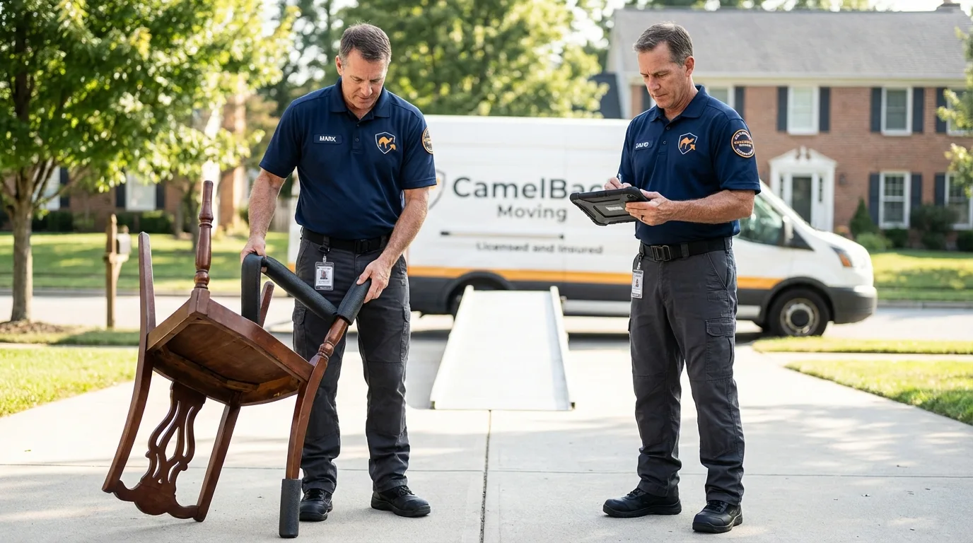 Movers inspecting furniture for damage prevention before loading in Peapack, NJ