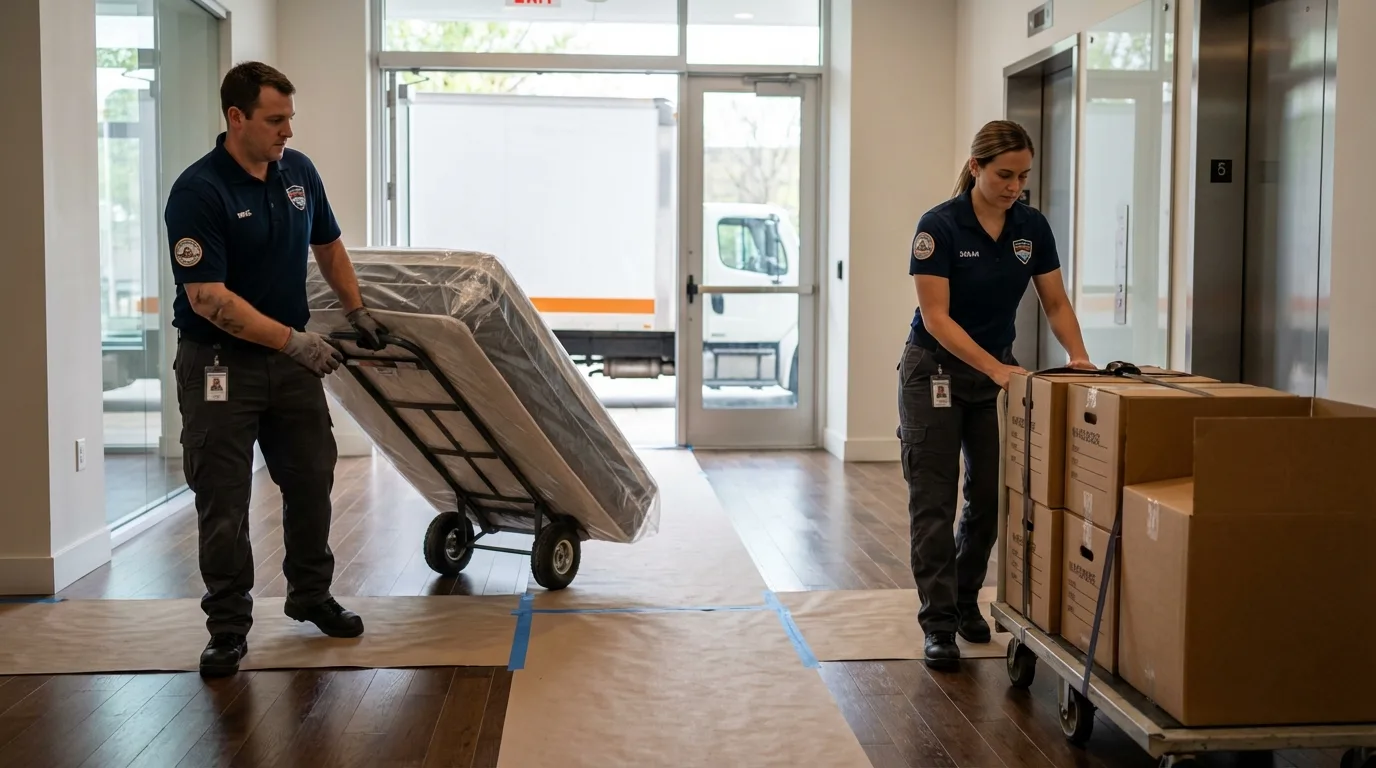 Professional apartment movers loading elevator in Peapack, NJ