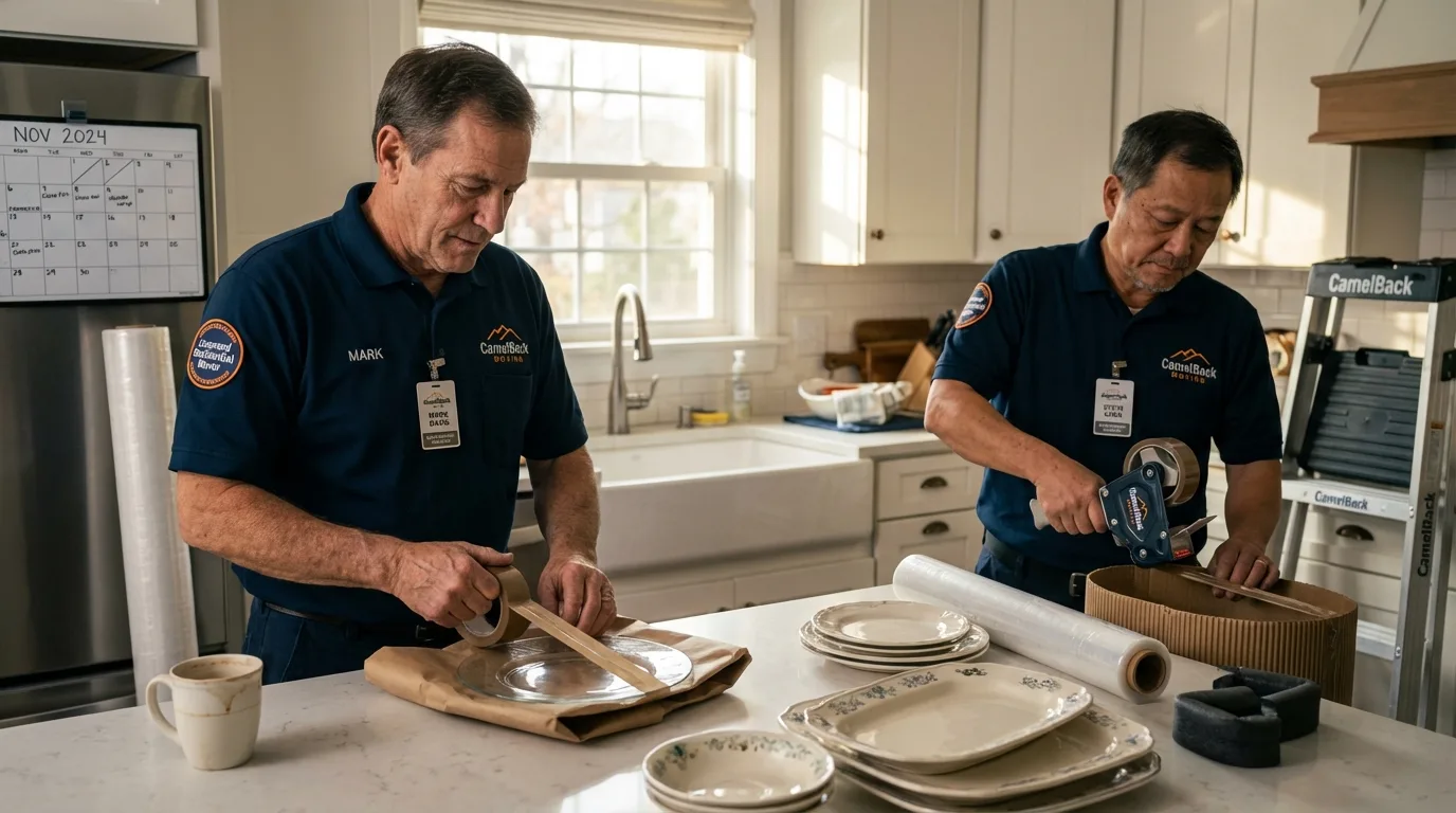 Professional crew packing kitchen dishware in Peapack, NJ